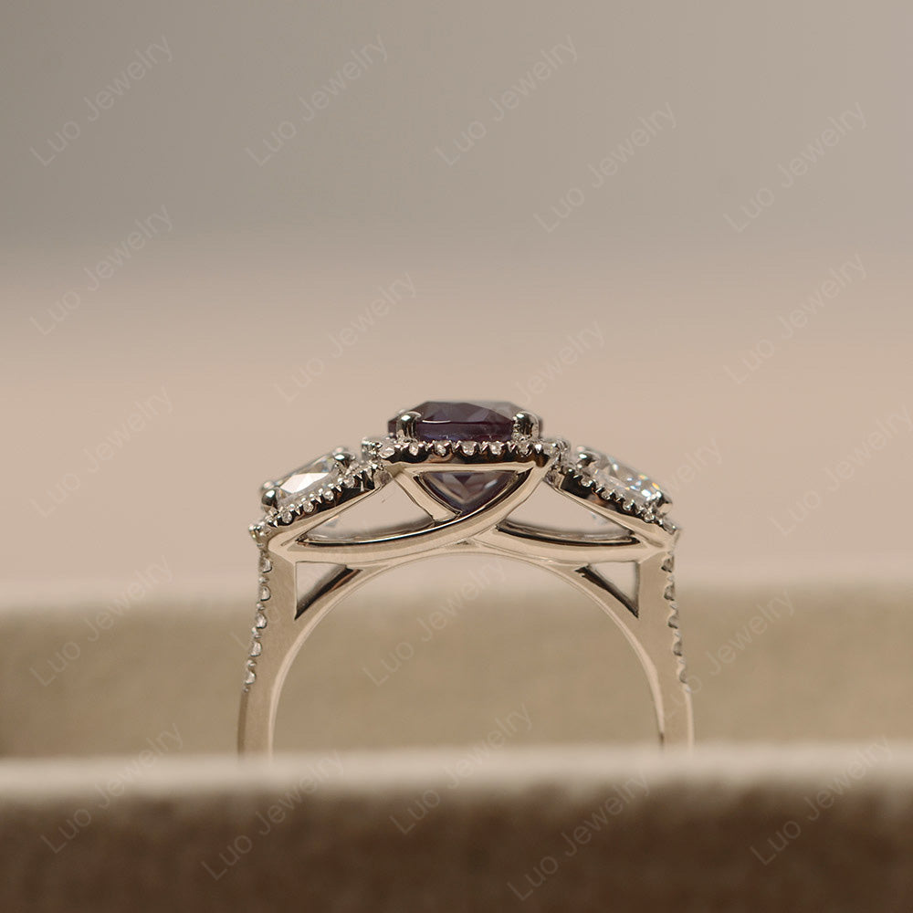 Alexandrite Ring 3 Stone Halo Engagement Ring - LUO Jewelry