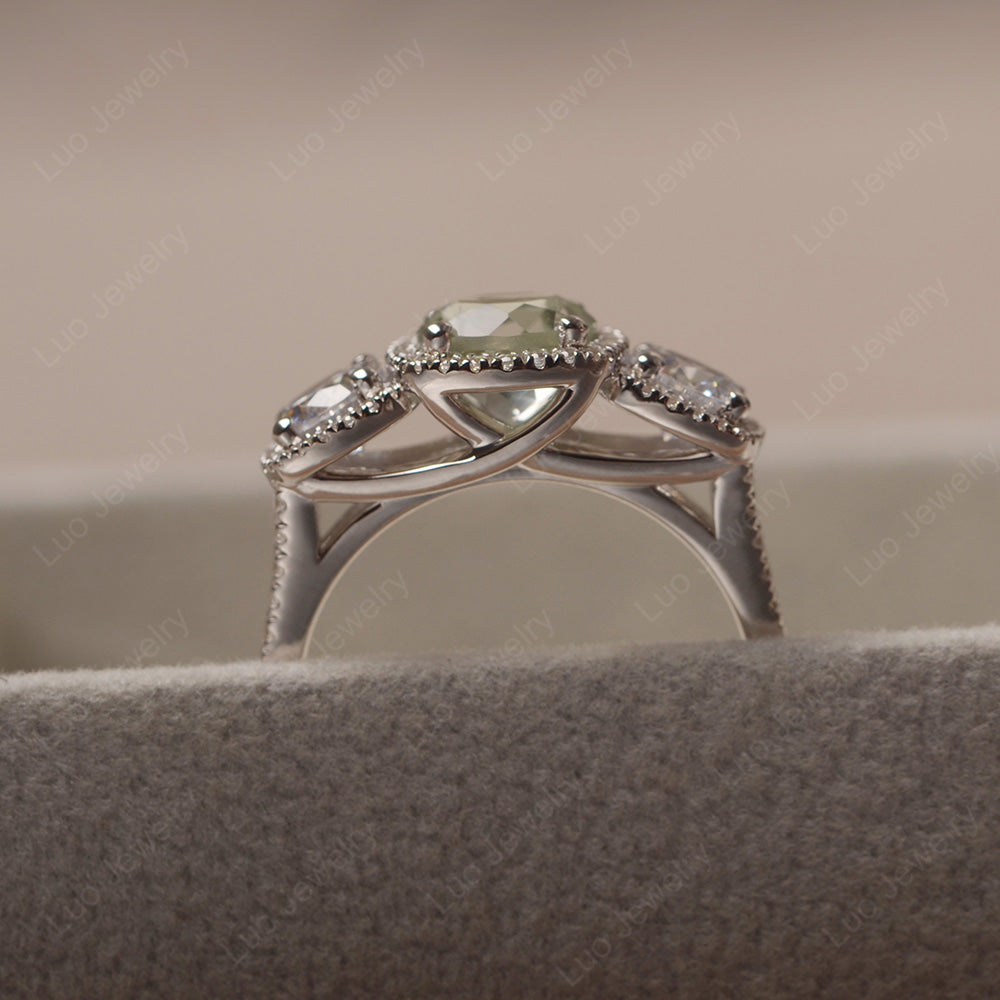 Green Amethyst Ring 3 Stone Halo Engagement Ring - LUO Jewelry