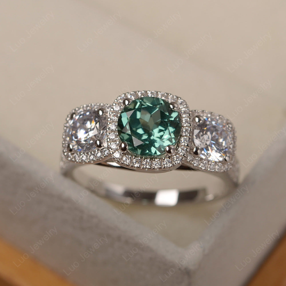 Green Sapphire Ring 3 Stone Halo Engagement Ring - LUO Jewelry