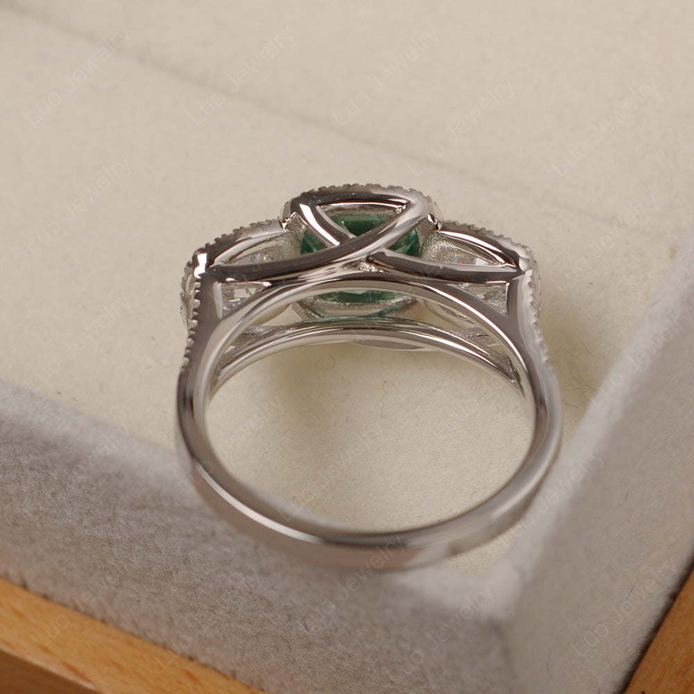 Green Sapphire Ring 3 Stone Halo Engagement Ring - LUO Jewelry