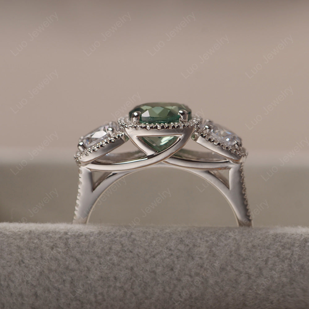 Green Sapphire Ring 3 Stone Halo Engagement Ring - LUO Jewelry