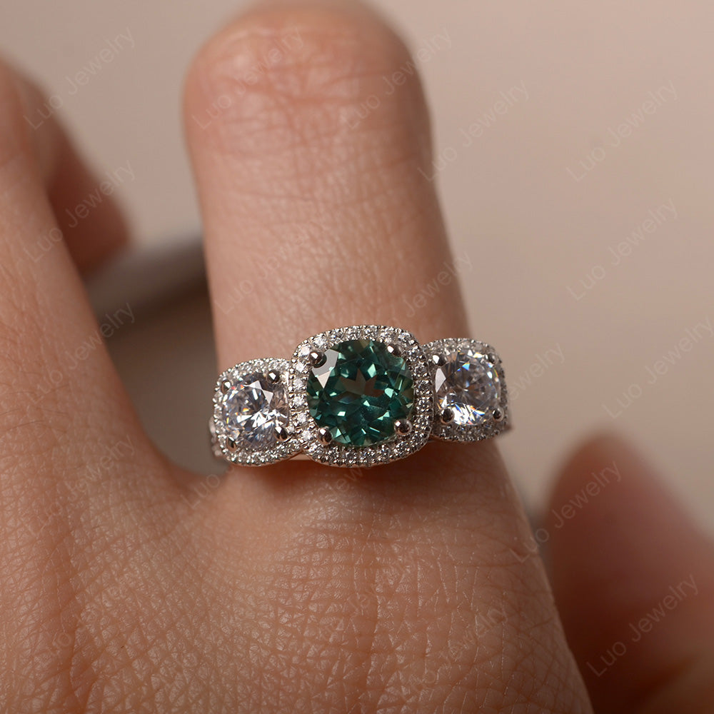 Green Sapphire Ring 3 Stone Halo Engagement Ring - LUO Jewelry