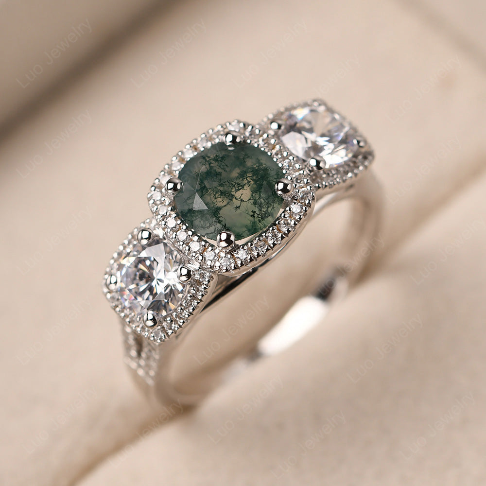 Moss Agate Ring 3 Stone Halo Engagement Ring - LUO Jewelry