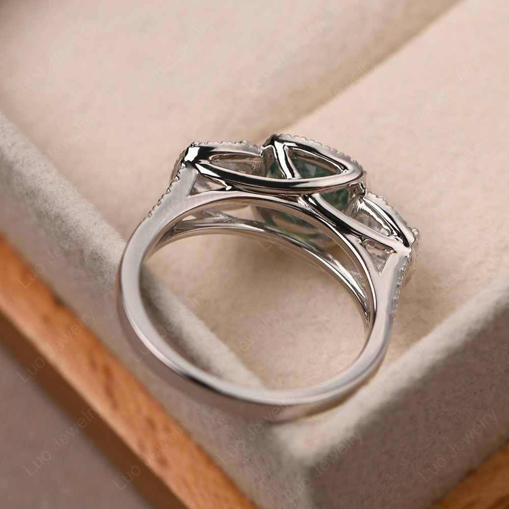 Moss Agate Ring 3 Stone Halo Engagement Ring - LUO Jewelry