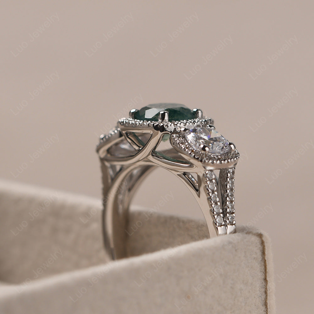 Moss Agate Ring 3 Stone Halo Engagement Ring - LUO Jewelry