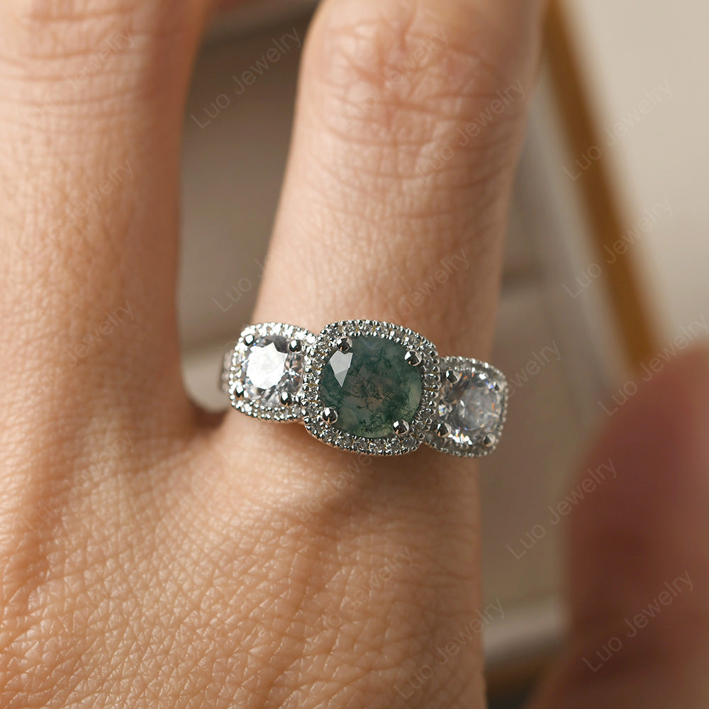 Moss Agate Ring 3 Stone Halo Engagement Ring - LUO Jewelry