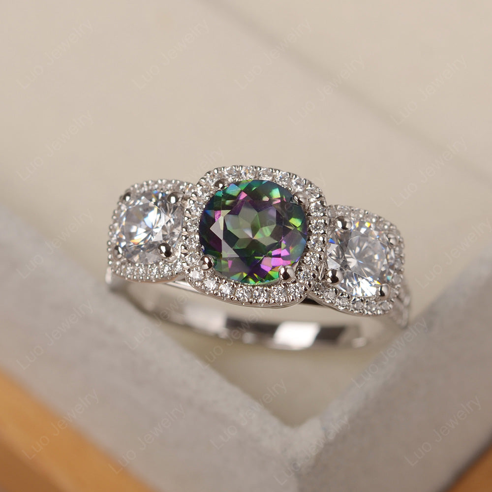 Mystic Topaz Ring 3 Stone Halo Engagement Ring - LUO Jewelry