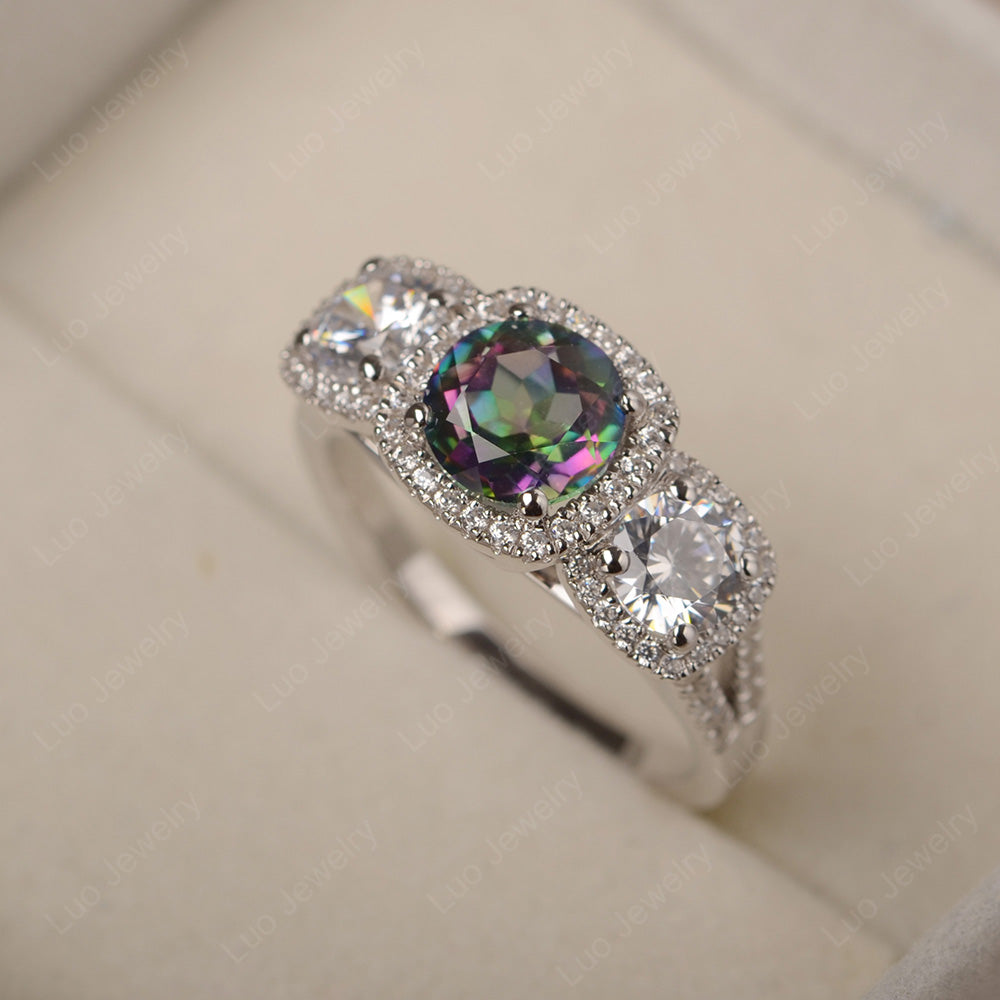 Mystic Topaz Ring 3 Stone Halo Engagement Ring - LUO Jewelry