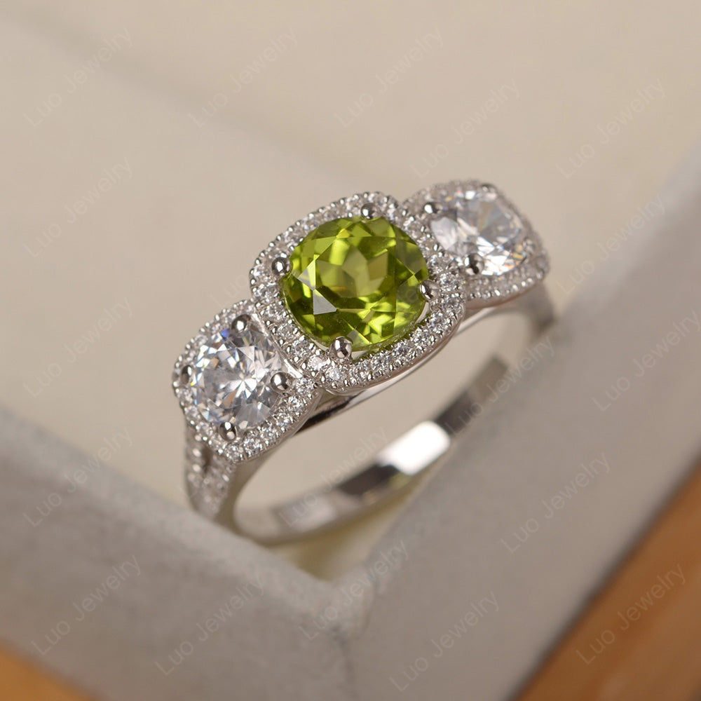 Peridot Ring 3 Stone Halo Engagement Ring - LUO Jewelry