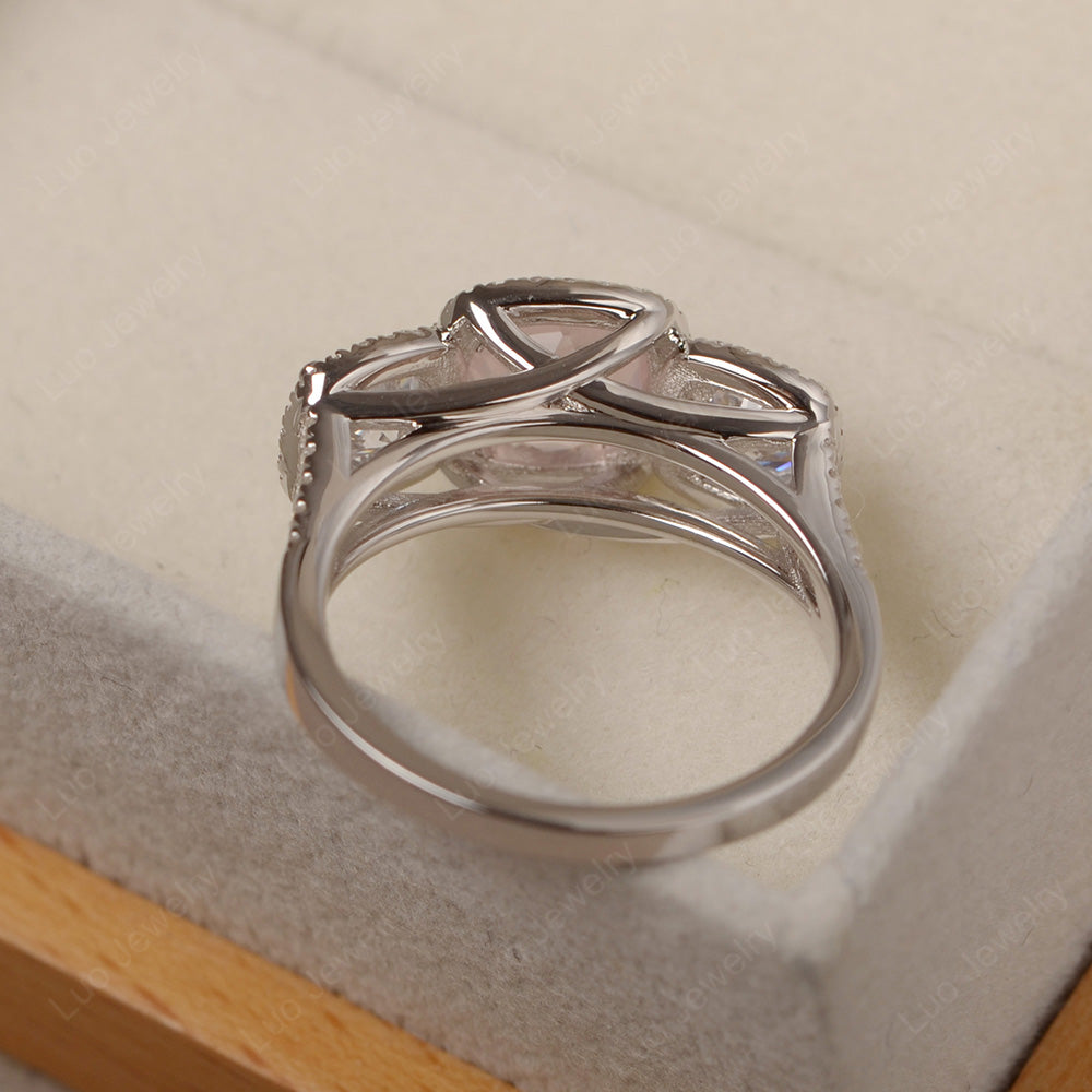 Rose Quartz Ring 3 Stone Halo Engagement Ring - LUO Jewelry