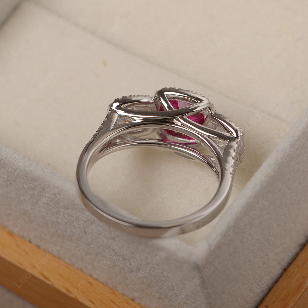 Ruby Ring 3 Stone Halo Engagement Ring - LUO Jewelry