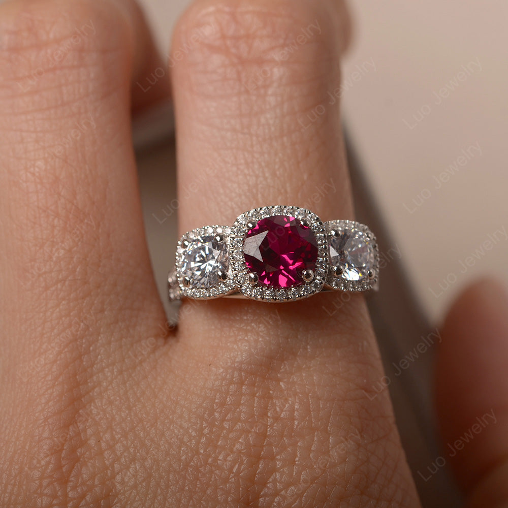 Ruby Ring 3 Stone Halo Engagement Ring - LUO Jewelry