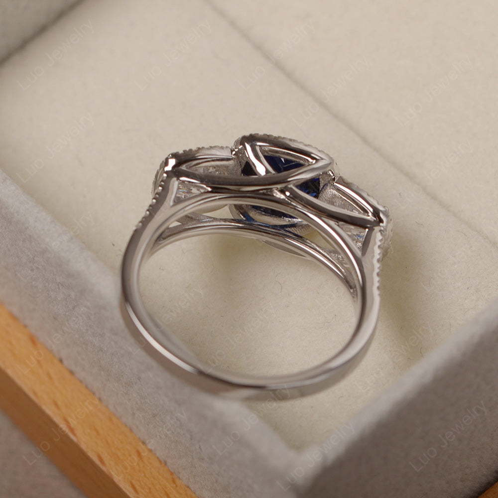 Lab Sapphire Ring 3 Stone Halo Engagement Ring - LUO Jewelry