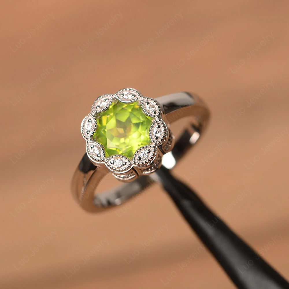 Vintage Peridot Ring Halo Flower Ring - LUO Jewelry