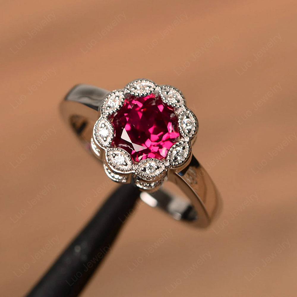 Vintage Ruby Ring Halo Flower Ring - LUO Jewelry