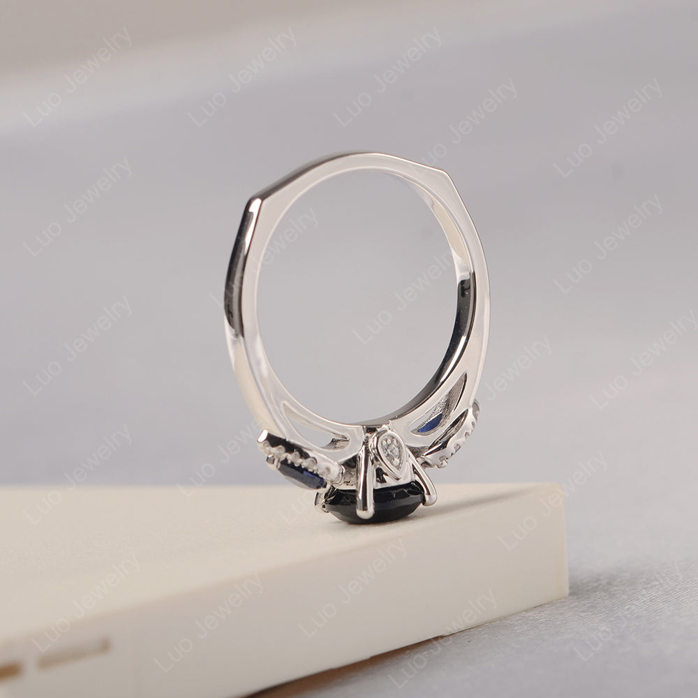 Black Stone Euro Shank Ring With Pear Side Stones - LUO Jewelry