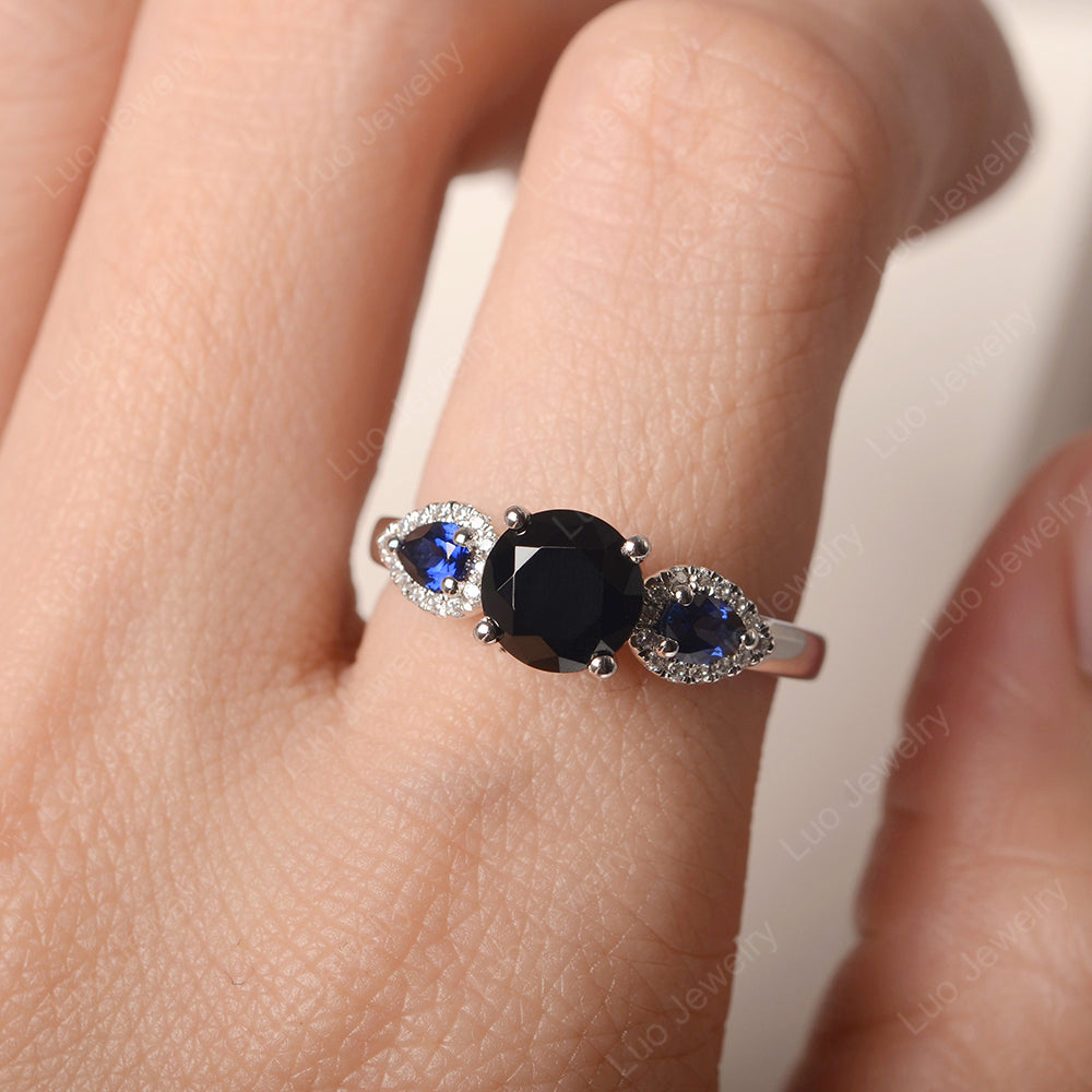 Black Stone Euro Shank Ring With Pear Side Stones - LUO Jewelry