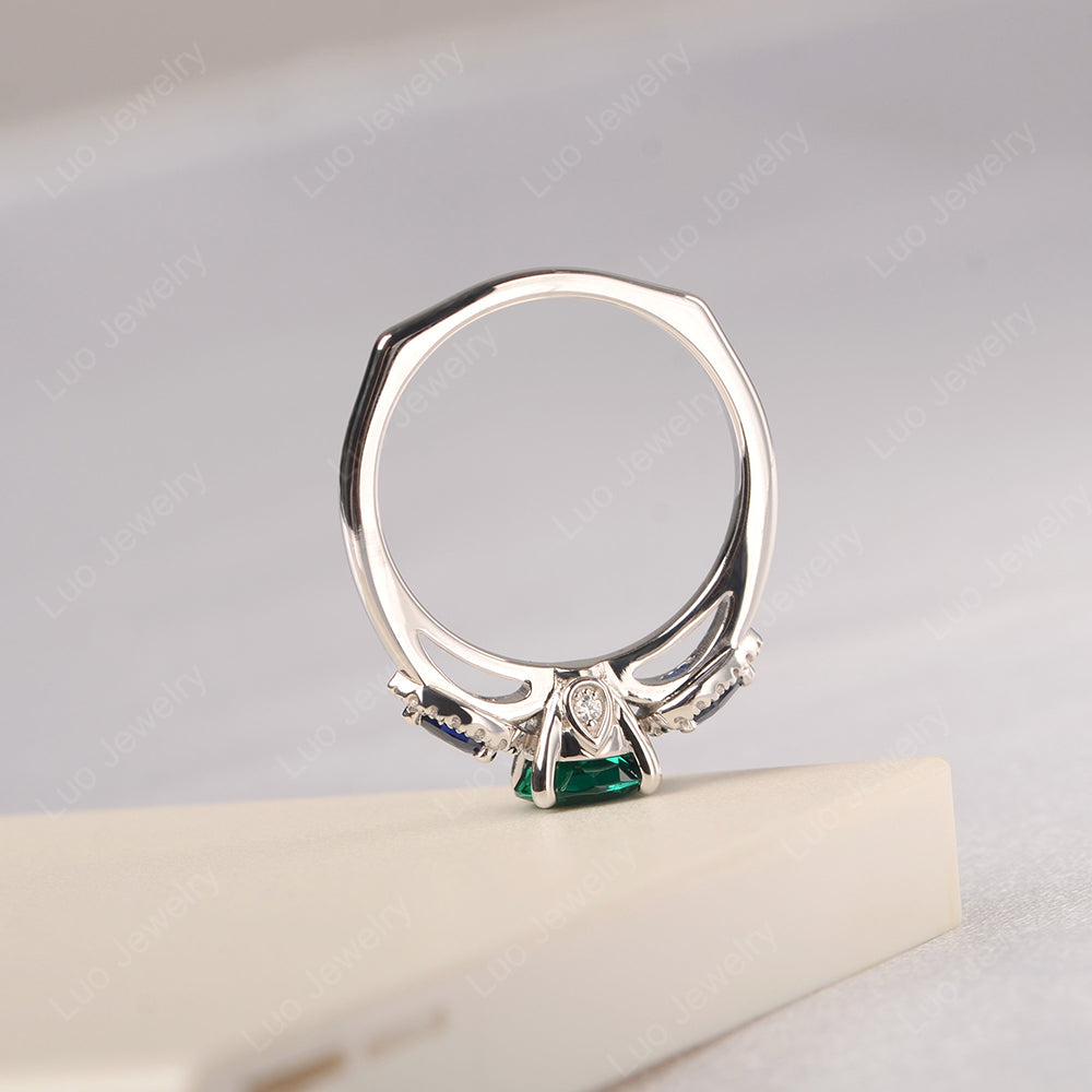 Lab Emerald Euro Shank Ring With Pear Side Stones - LUO Jewelry