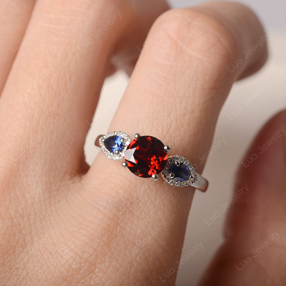 Garnet Euro Shank Ring With Pear Side Stones - LUO Jewelry