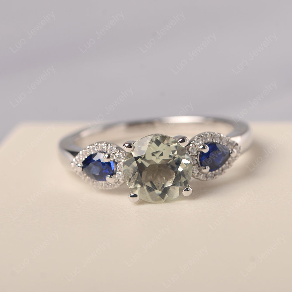Green Amethyst Euro Shank Ring With Pear Side Stones - LUO Jewelry