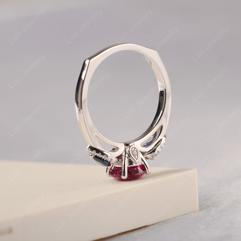 Ruby Euro Shank Ring With Pear Side Stones - LUO Jewelry