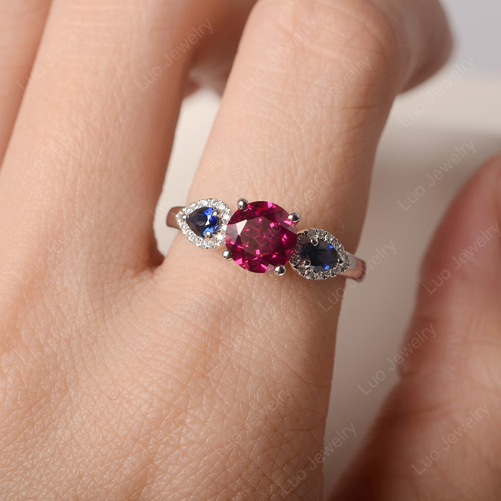 Ruby Euro Shank Ring With Pear Side Stones - LUO Jewelry