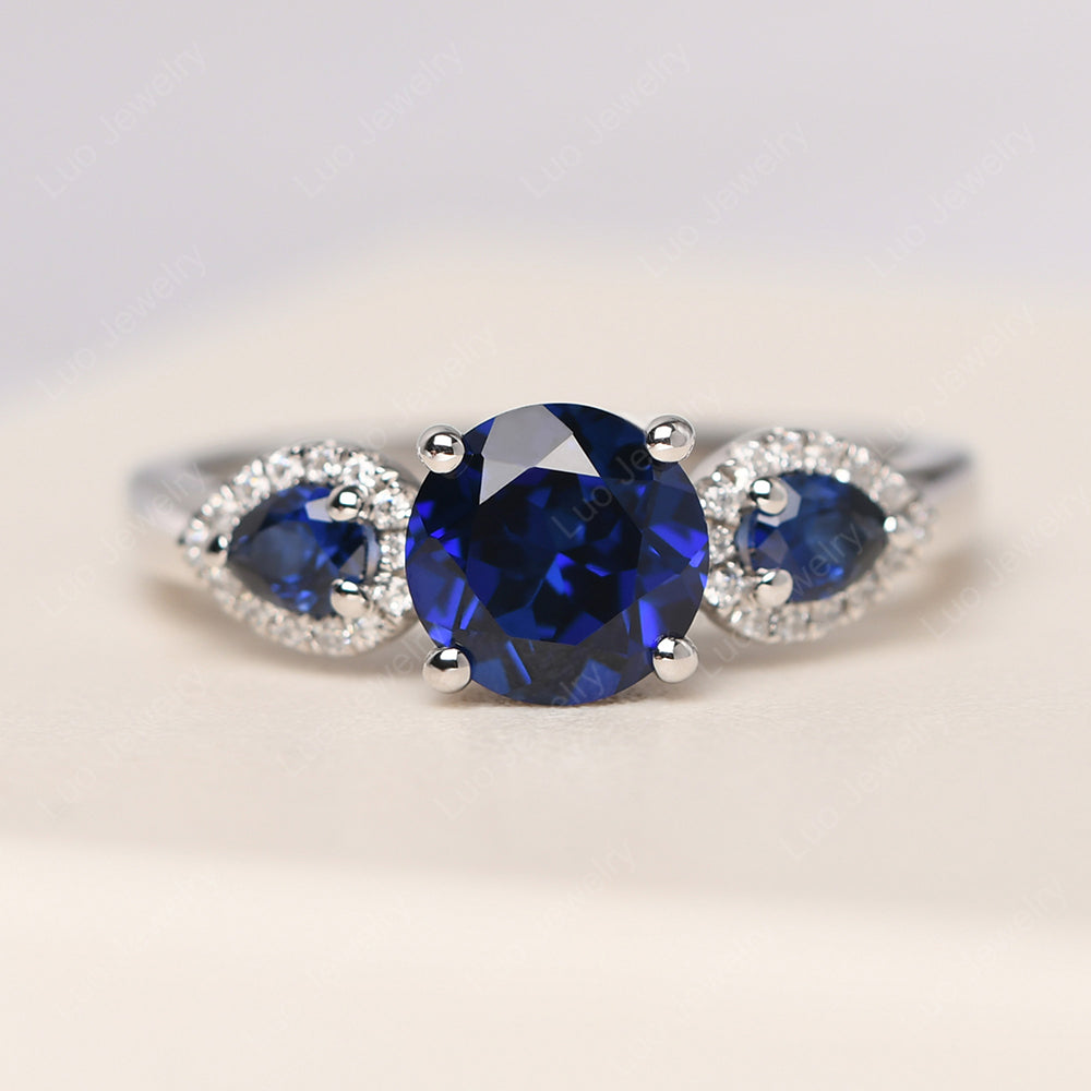 Lab Sapphire Euro Shank Ring With Pear Side Stones - LUO Jewelry