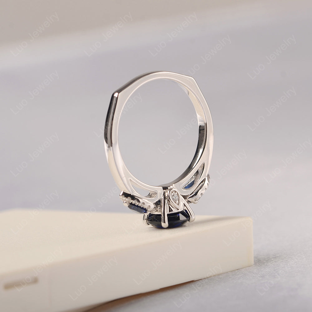 Lab Sapphire Euro Shank Ring With Pear Side Stones - LUO Jewelry