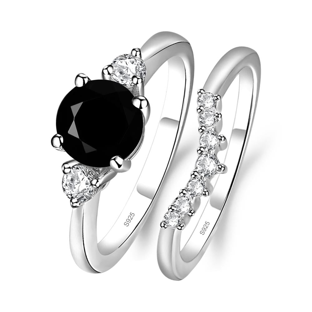 Round Black Spinel Wedding Ring Set LUO