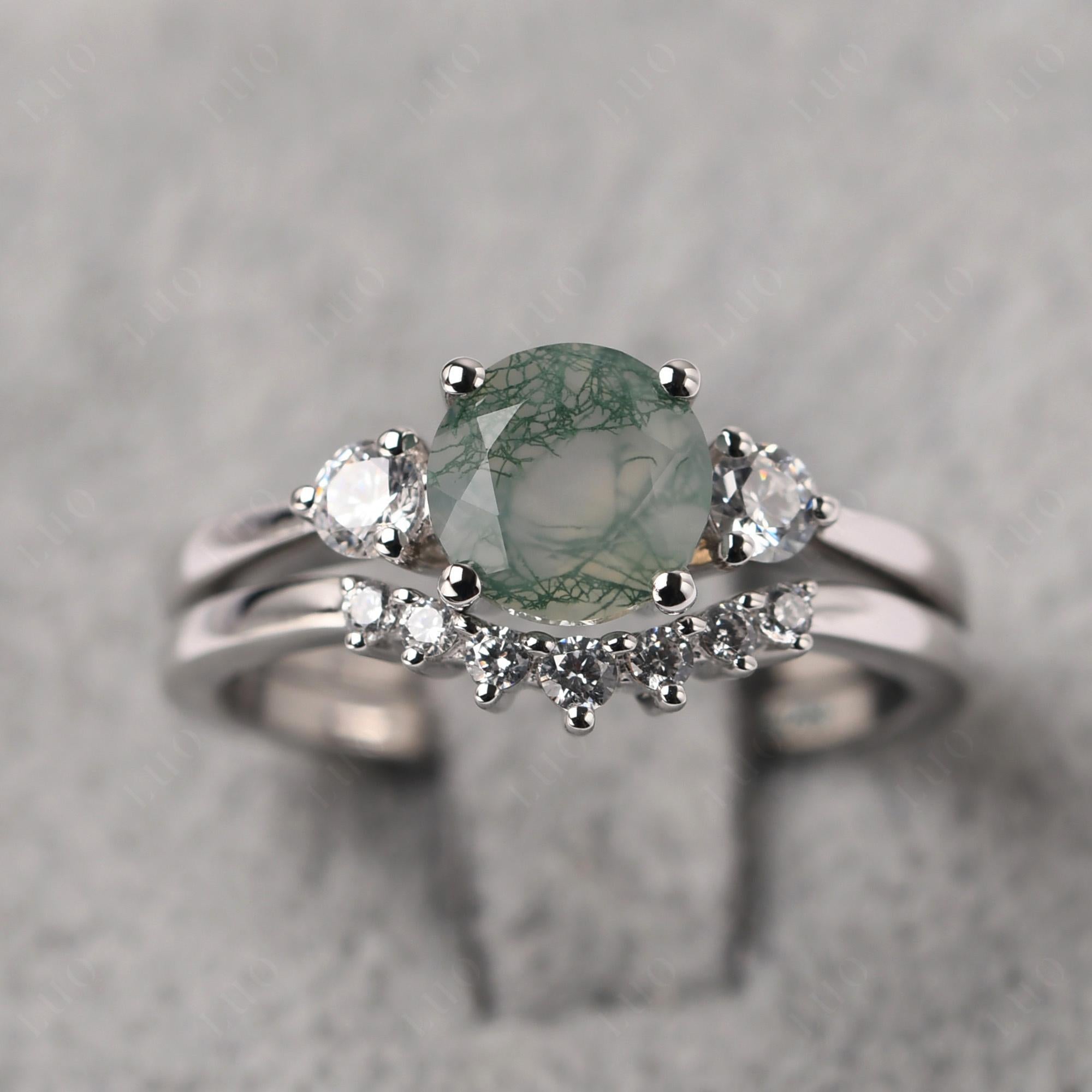 Moss Agate Ring Bridal Set Engagement Ring - LUO Jewelry