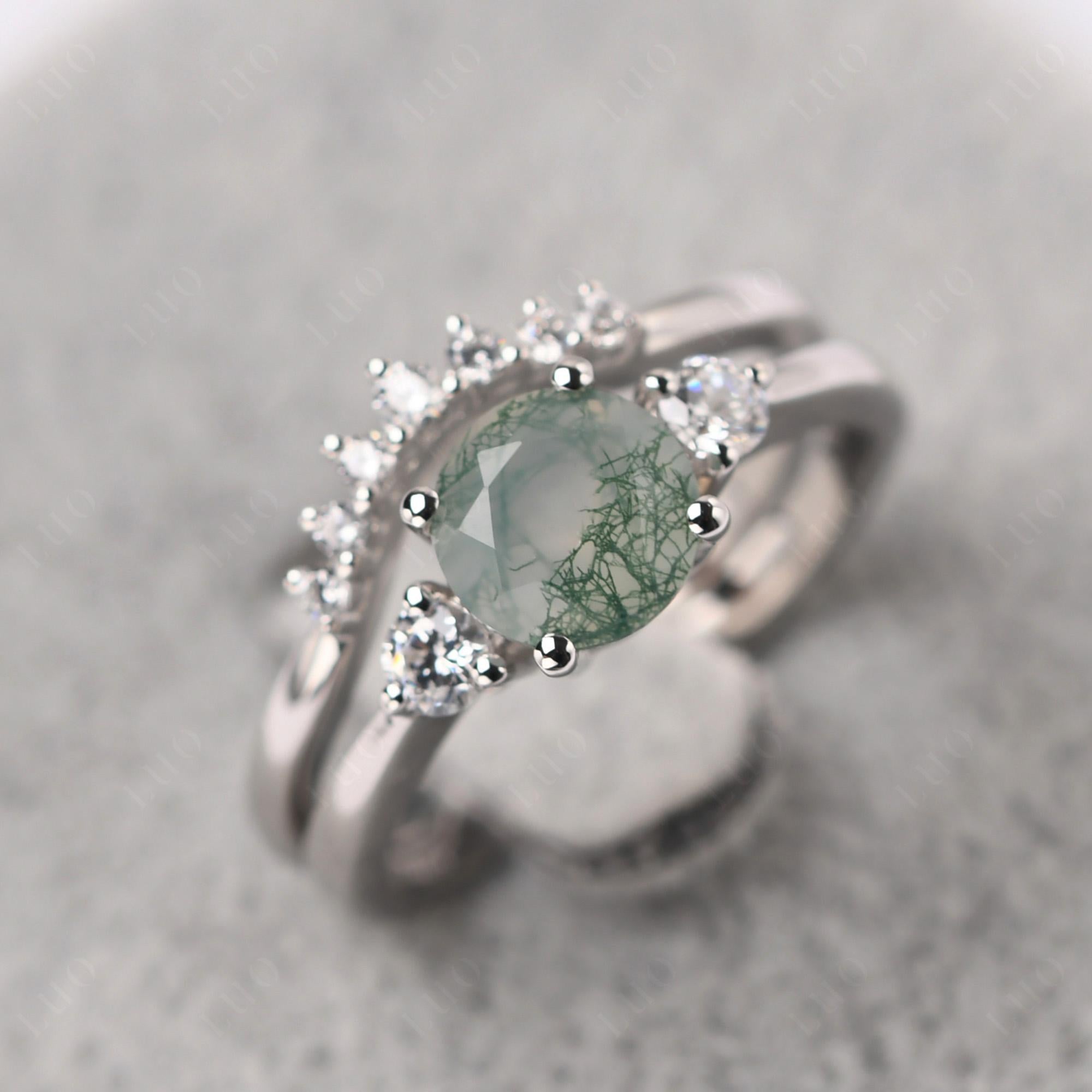 Moss Agate Ring Bridal Set Engagement Ring - LUO Jewelry