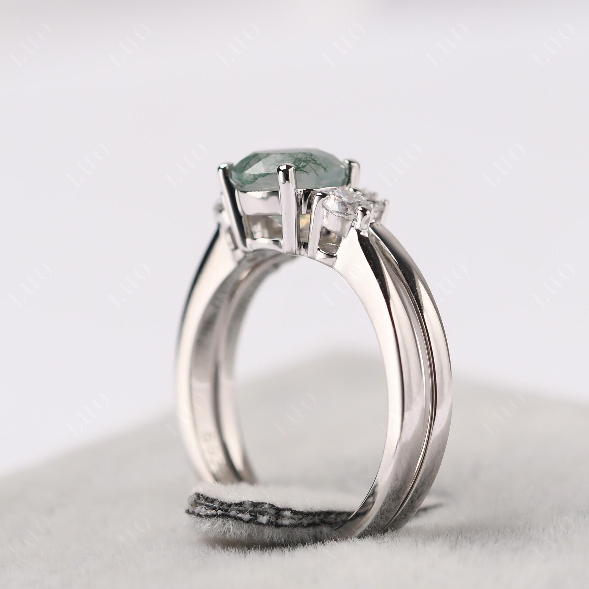Moss Agate Ring Bridal Set Engagement Ring - LUO Jewelry
