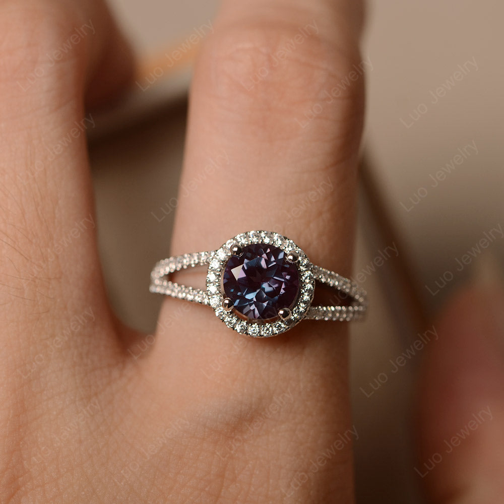 Round Alexandrite Halo Split Shank Engagement Ring - LUO Jewelry