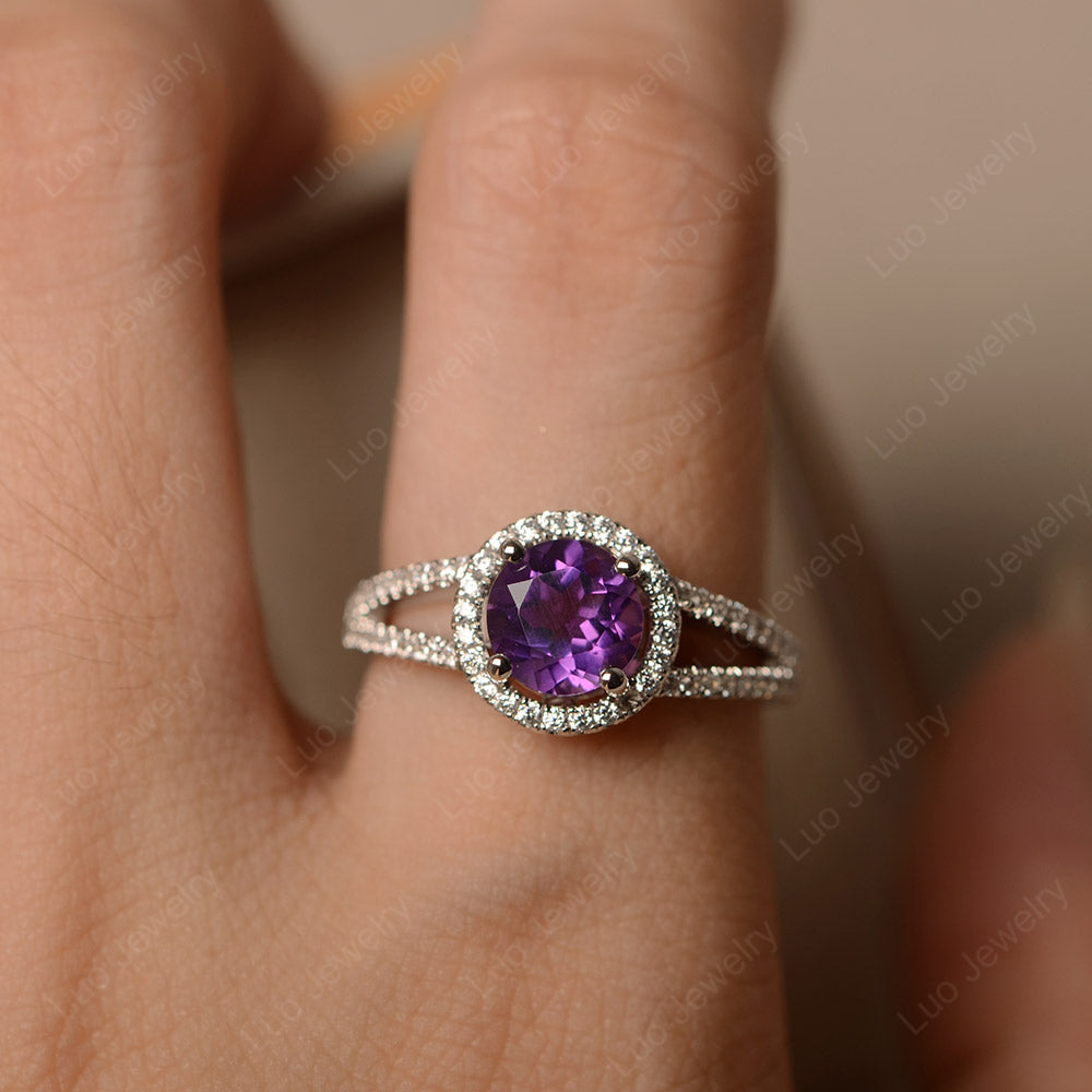 Round Amethyst Halo Split Shank Engagement Ring - LUO Jewelry