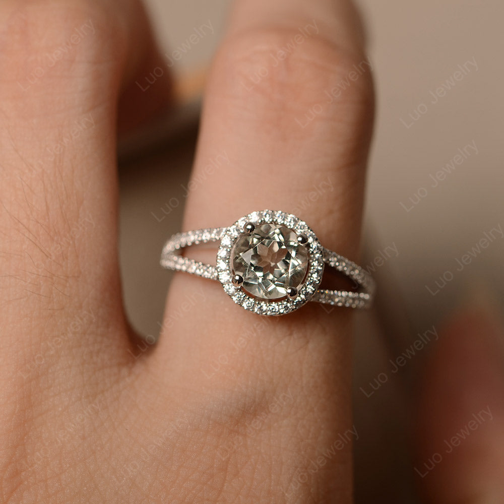 Round Green Amethyst Halo Split Shank Engagement Ring - LUO Jewelry