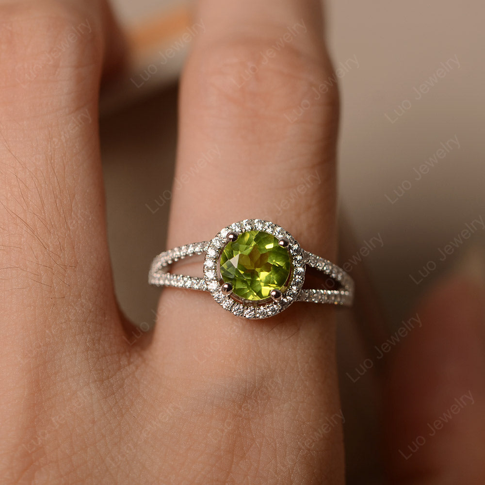 Round Peridot Halo Split Shank Engagement Ring - LUO Jewelry