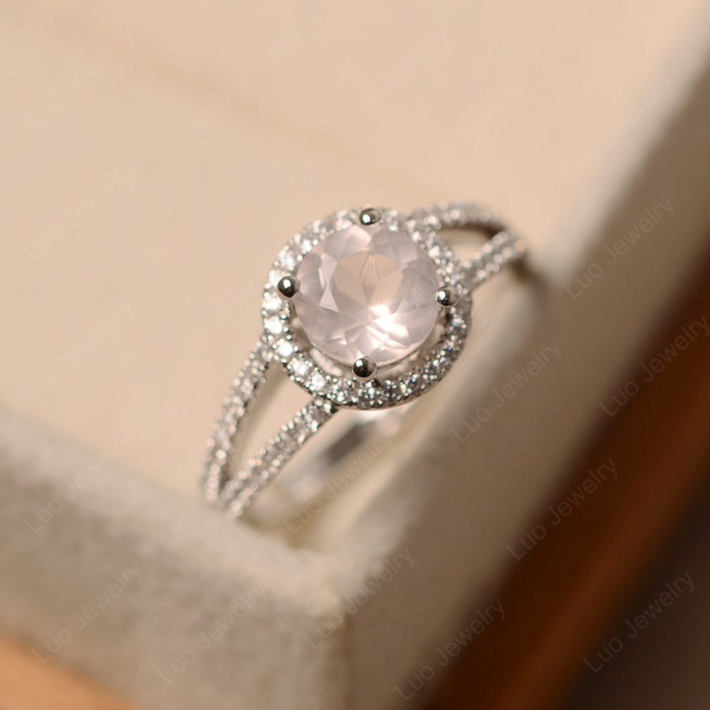 Round Rose Quartz Halo Split Shank Engagement Ring - LUO Jewelry