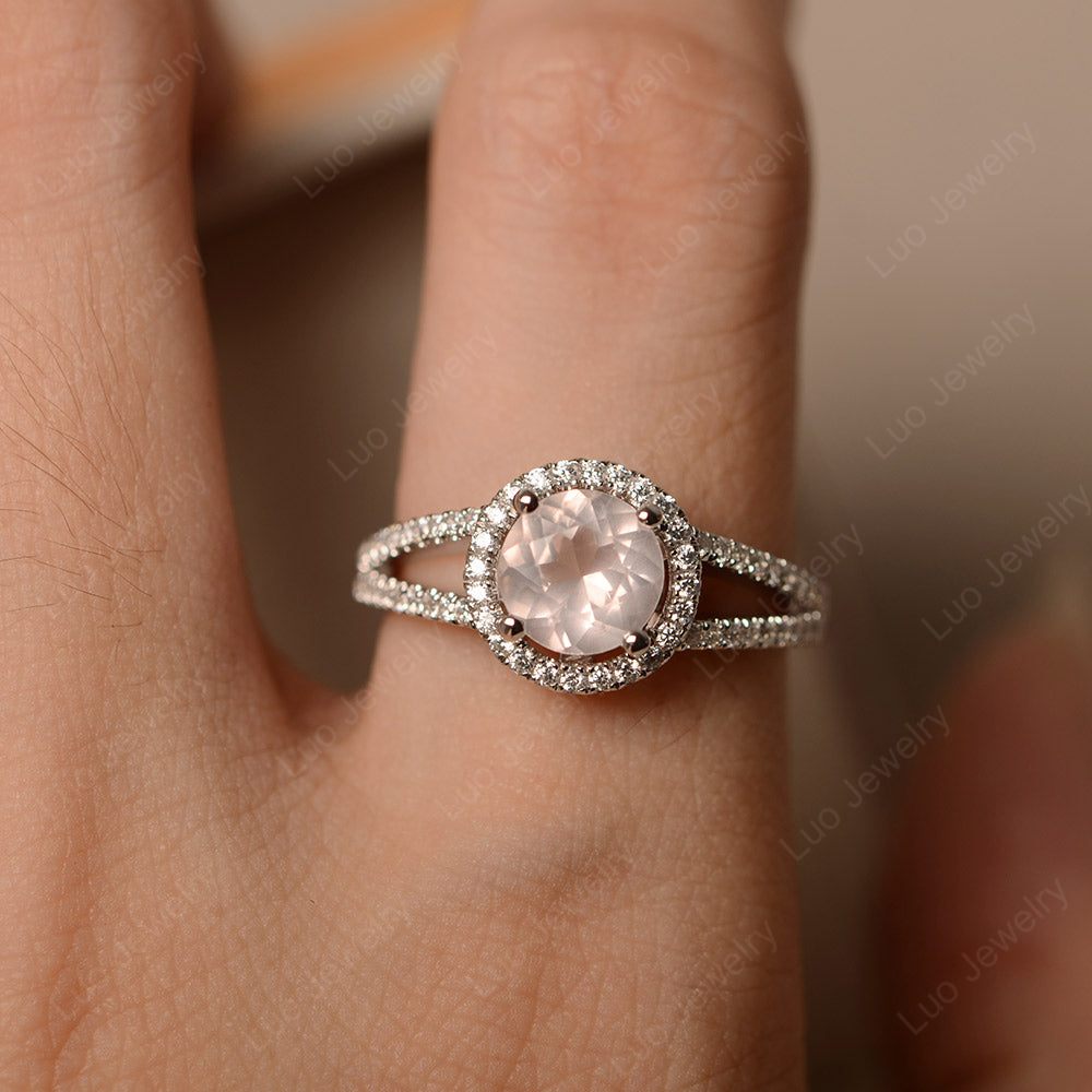 Round Rose Quartz Halo Split Shank Engagement Ring - LUO Jewelry