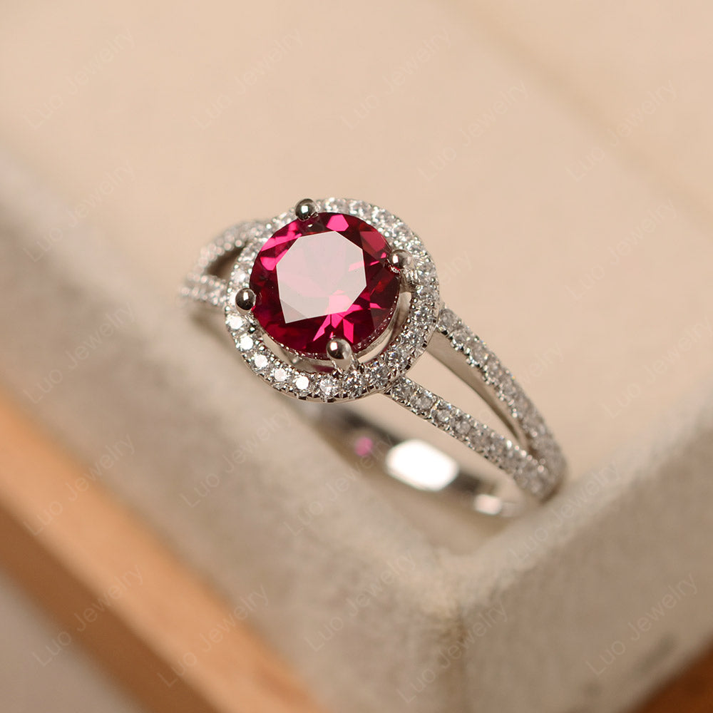 Round Ruby Halo Split Shank Engagement Ring - LUO Jewelry