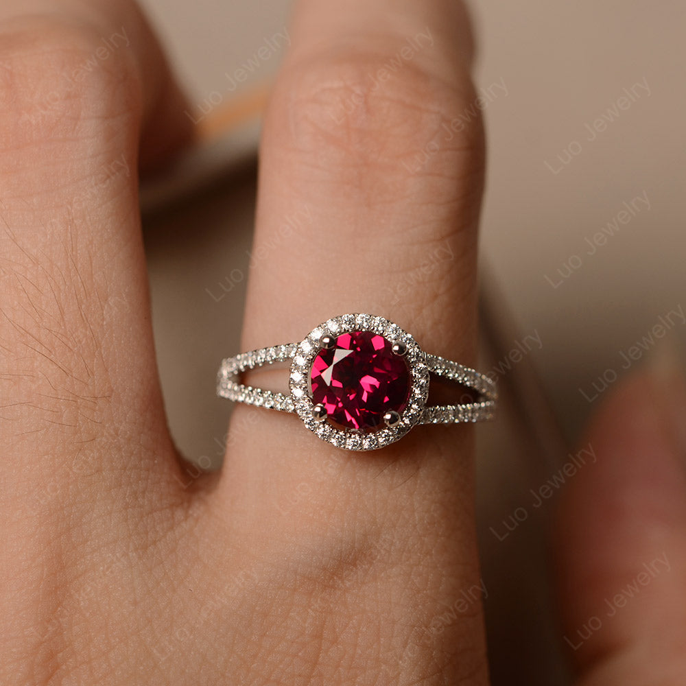 Round Ruby Halo Split Shank Engagement Ring - LUO Jewelry