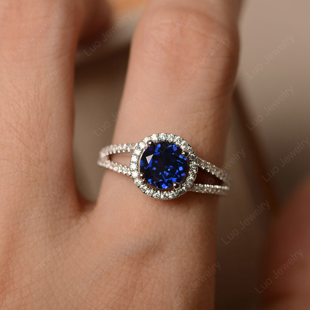 Round Lab Sapphire Halo Split Shank Engagement Ring - LUO Jewelry