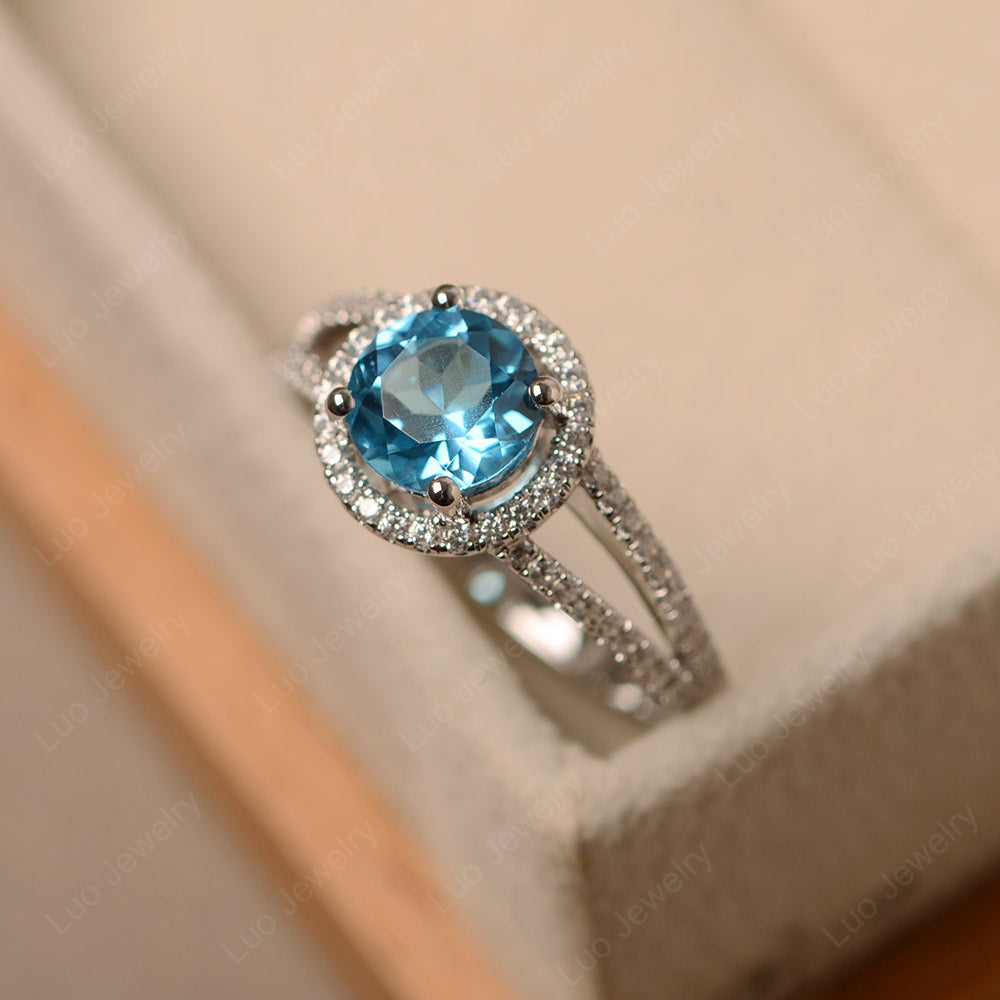 Round Swiss Blue Topaz Halo Split Shank Engagement Ring - LUO Jewelry