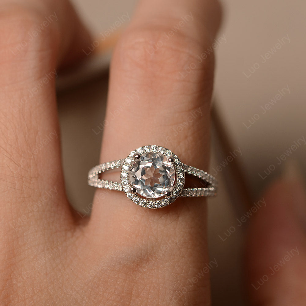 Round White Topaz Halo Split Shank Engagement Ring - LUO Jewelry