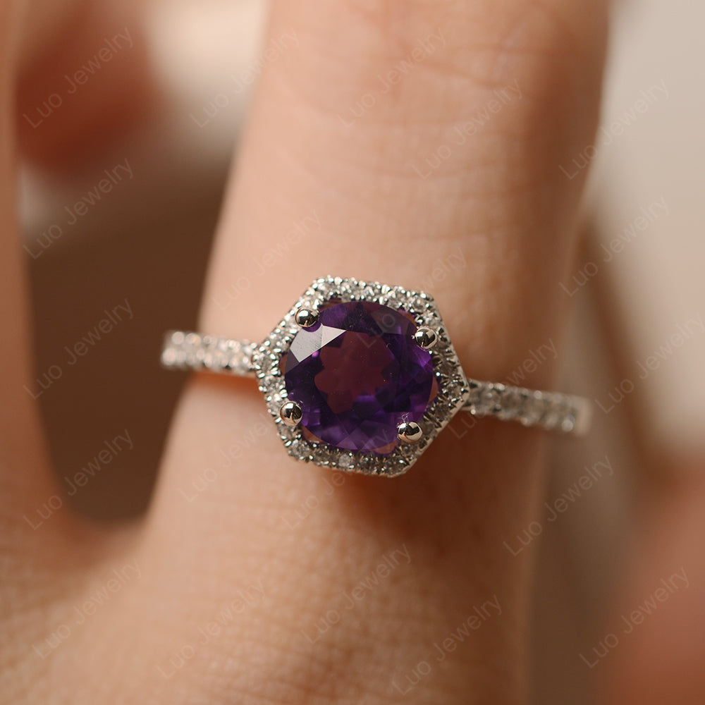 Amethyst Halo Hexagon Setting Engagement Ring - LUO Jewelry