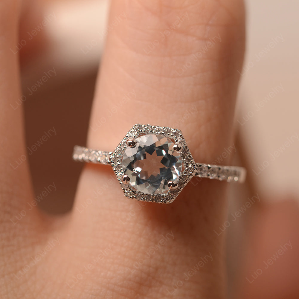 Aquamarine Halo Hexagon Setting Engagement Ring - LUO Jewelry