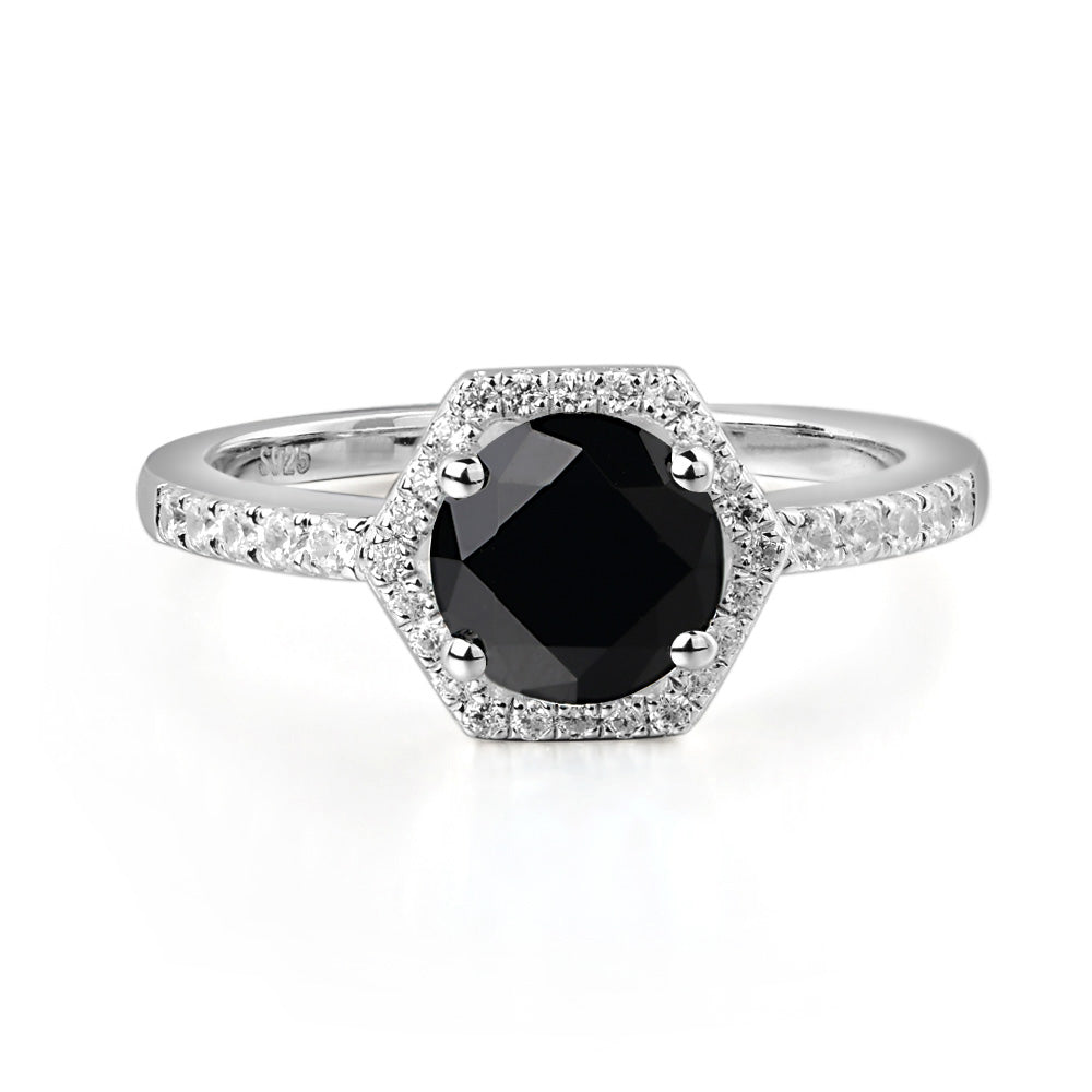 Black Spinel Halo Hexagon Setting Engagement Ring - LUO Jewelry