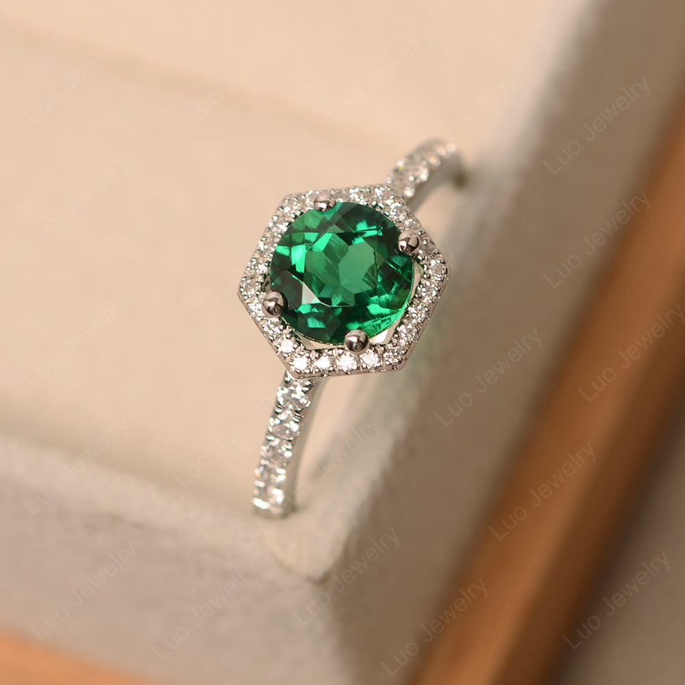 Lab Emerald Halo Hexagon Setting Engagement Ring - LUO Jewelry