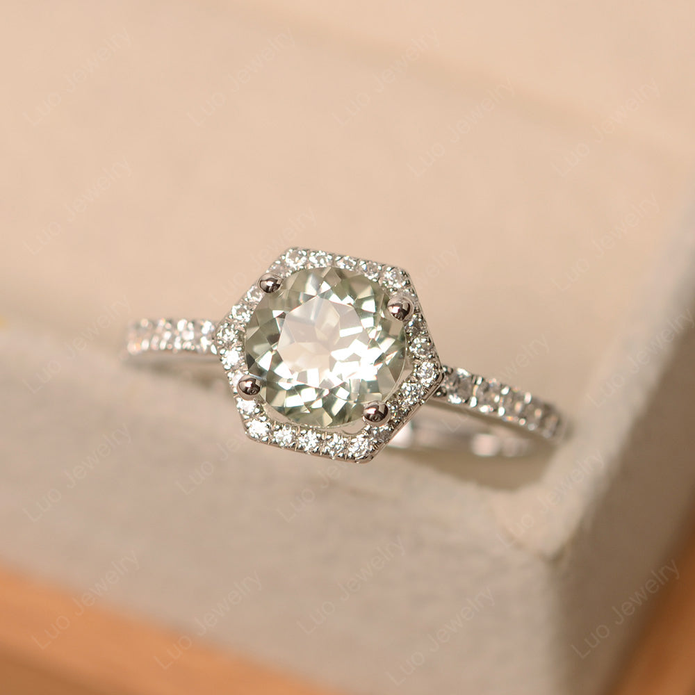 Green Amethyst Halo Hexagon Setting Engagement Ring - LUO Jewelry