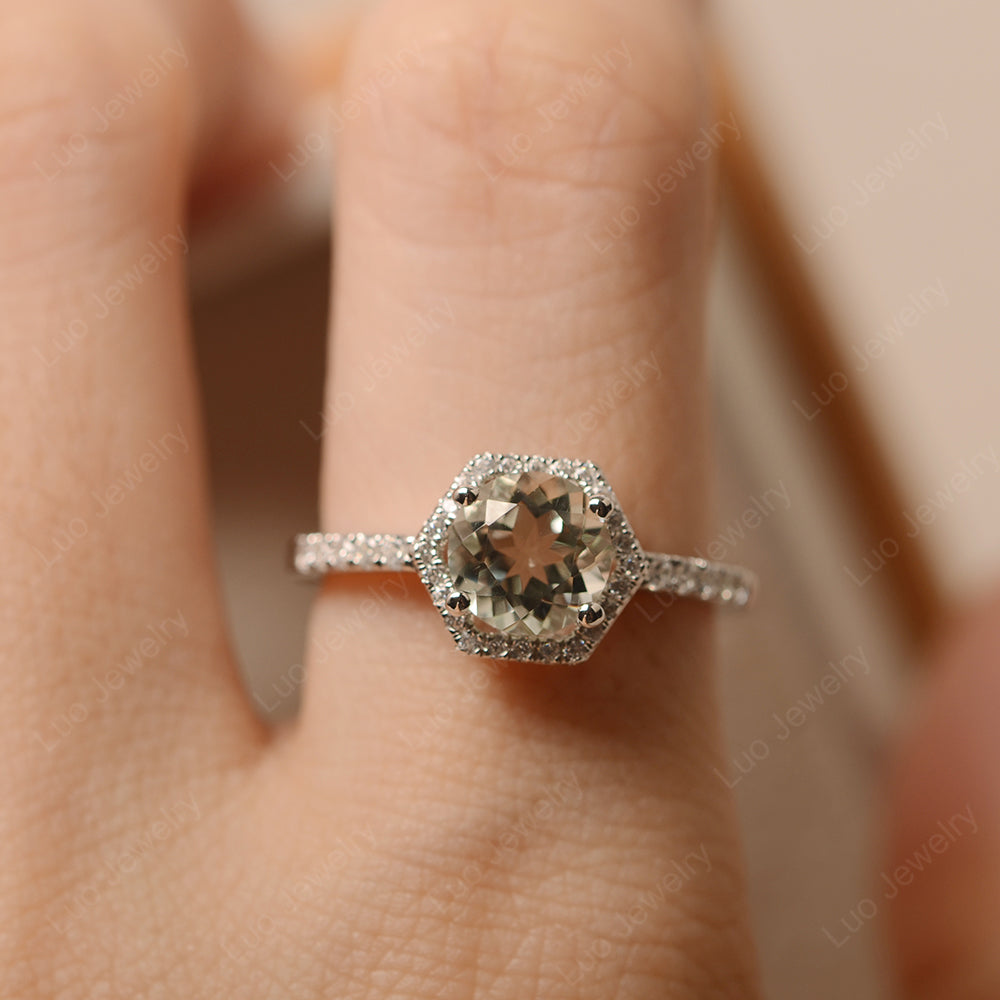 Green Amethyst Halo Hexagon Setting Engagement Ring - LUO Jewelry
