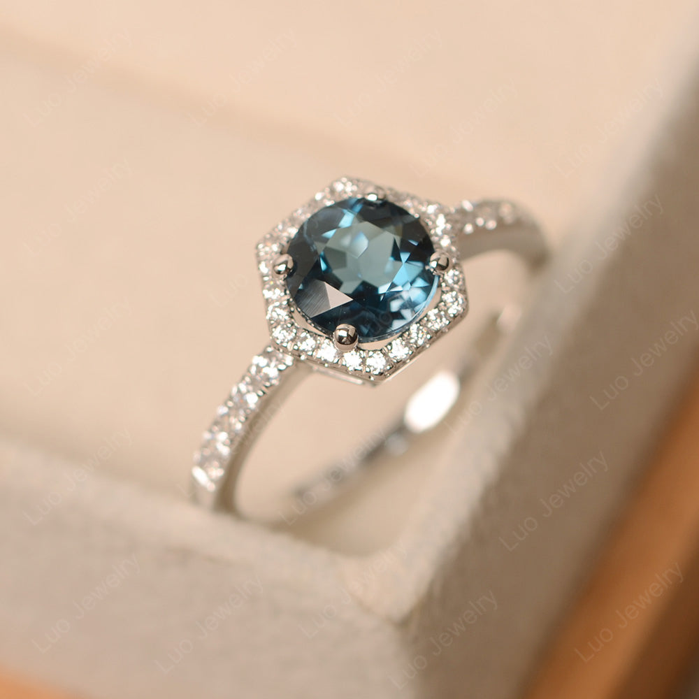 London Blue Topaz Halo Hexagon Setting Engagement Ring - LUO Jewelry